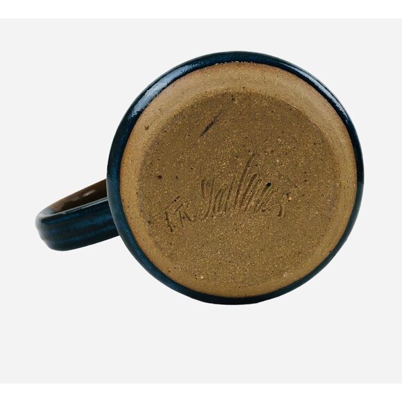 Art Studio Pottery Pitcher Blue Brown Color Block Handle Pour Spout Signed - Picture 9 of 10